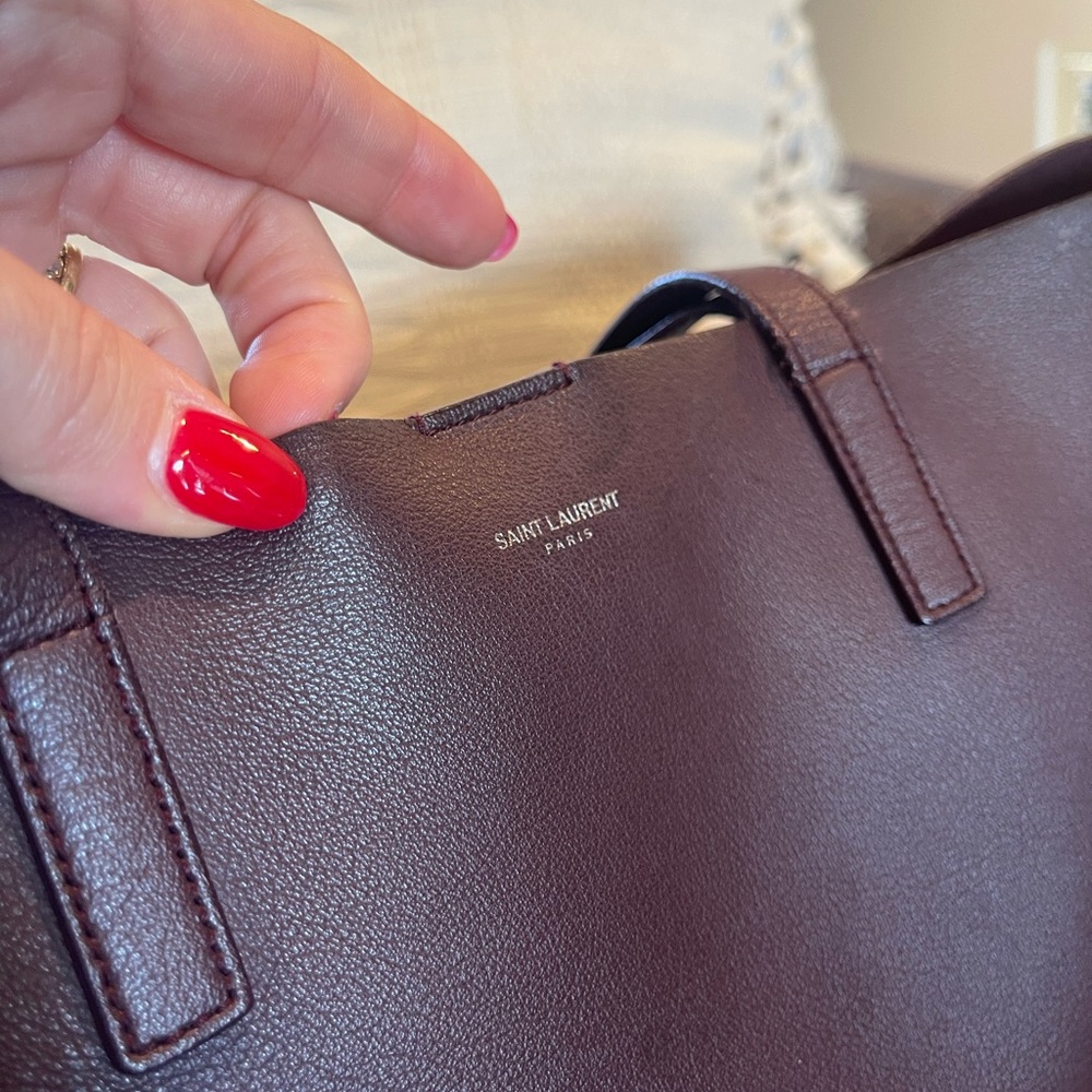 YSL Saint Laurent Large Calfskin Fringe Shopping Tote Bag Maroon - Picture 8 of 15